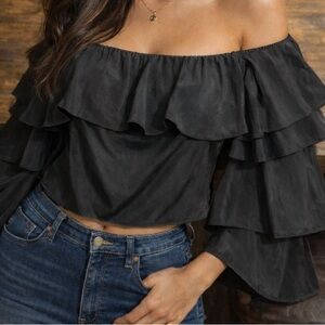 Express Black Ruffle Detail Off-Shoulder Top